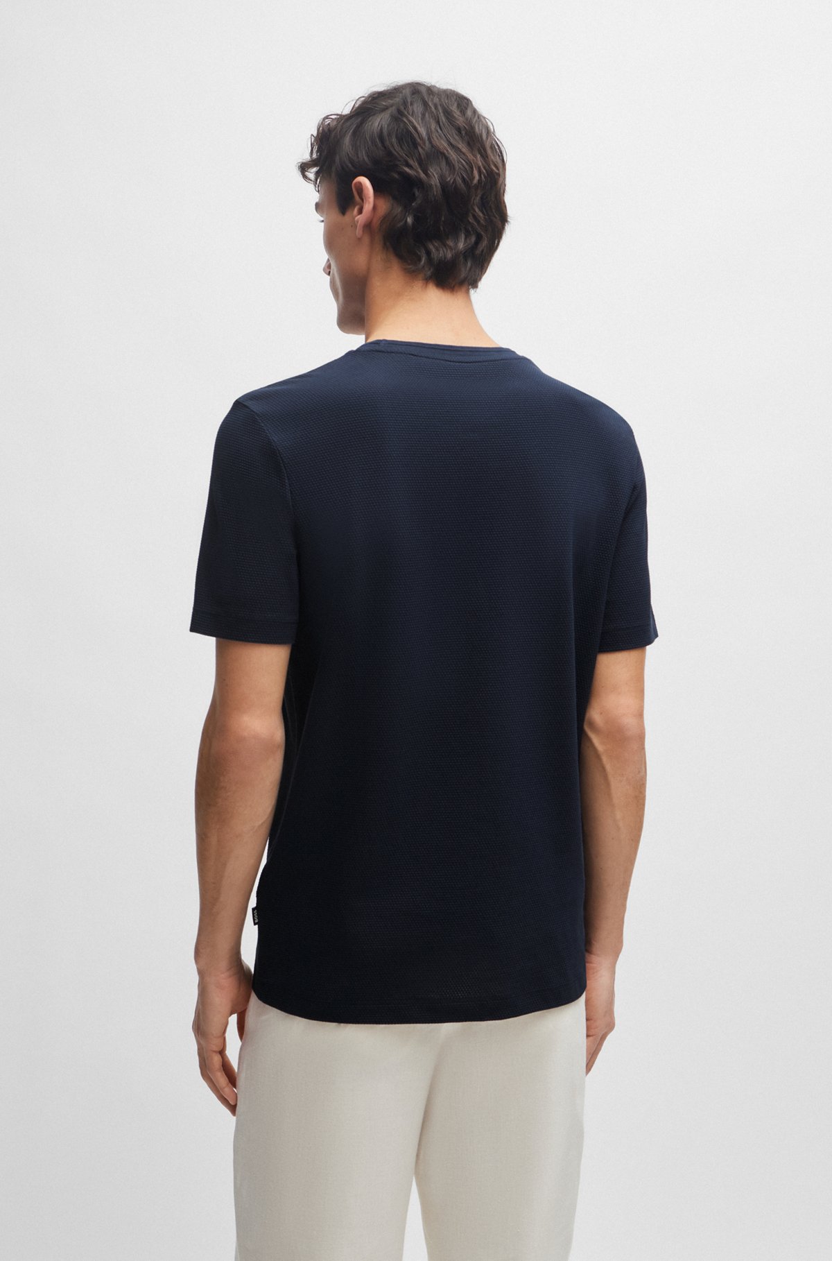 Cotton-blend T-shirt with bubble-jacquard structure, Dark Blue