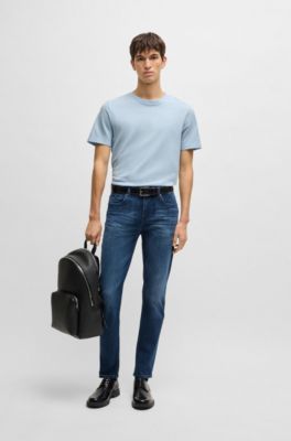 Cotton-blend T-shirt with bubble-jacquard structure, Light Blue