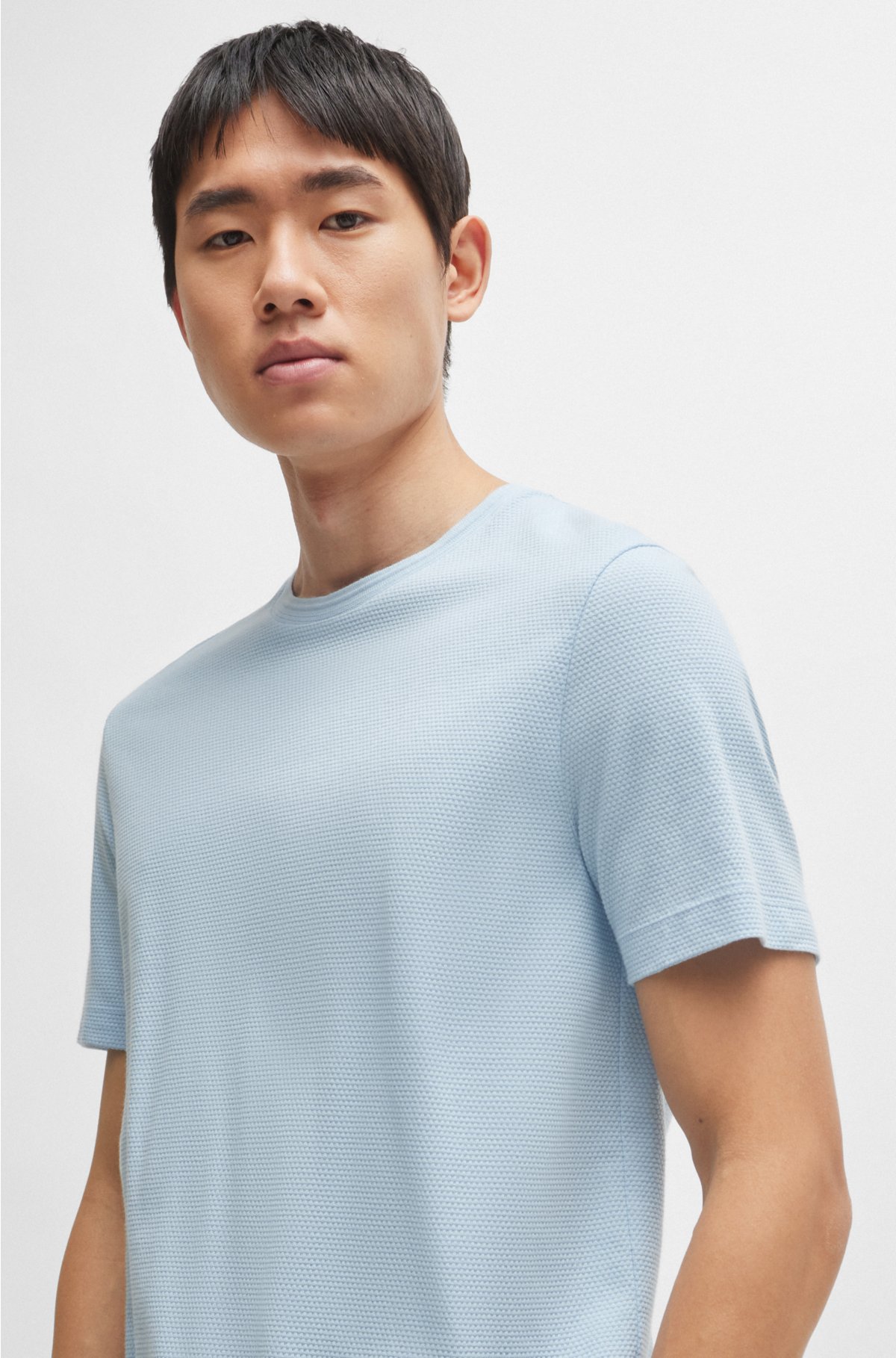 Cotton-blend T-shirt with bubble-jacquard structure, Light Blue