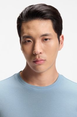 Cotton-blend T-shirt with bubble-jacquard structure, Light Blue