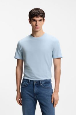 Cotton-blend T-shirt with bubble-jacquard structure, Light Blue
