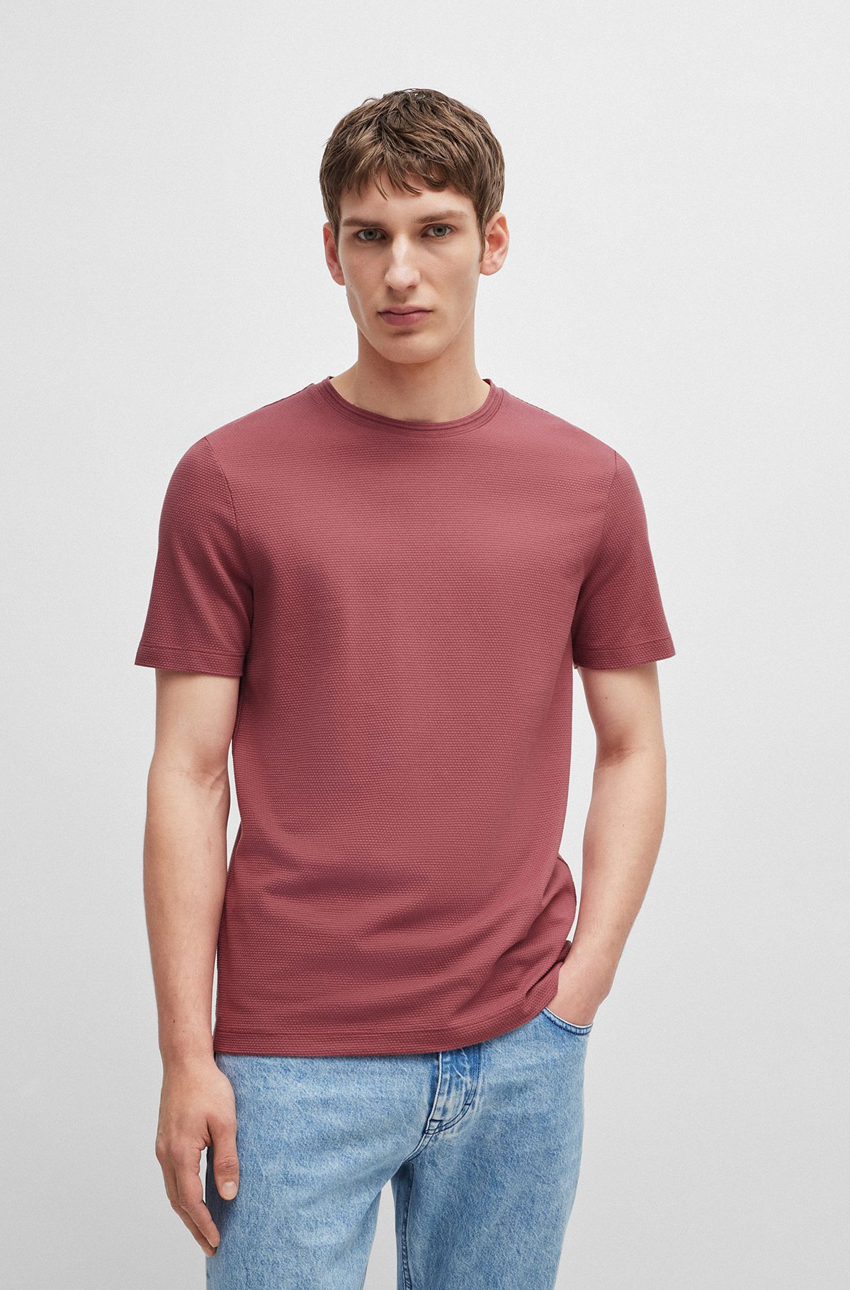 Cotton-blend T-shirt with bubble-jacquard structure, Red