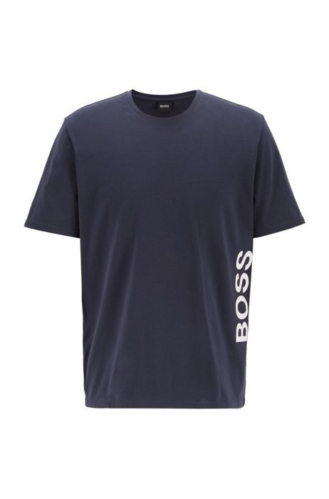 Stretch-cotton pyjama T-shirt with logo print, Dark Blue