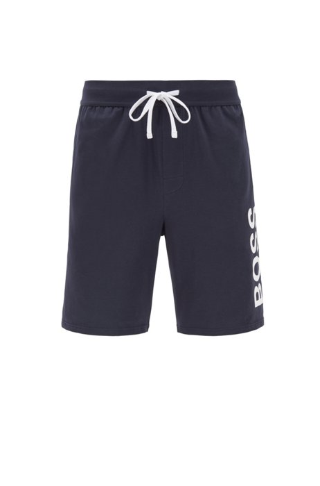 Pajama shorts in stretch cotton with printed logo, Dark Blue