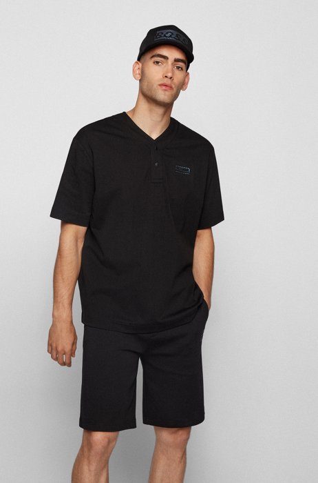 Oversized-fit polo shirt with Henley collar, Black