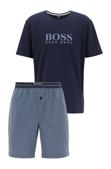 Pyjama set with striped shorts and logo T-shirt, Dark Blue