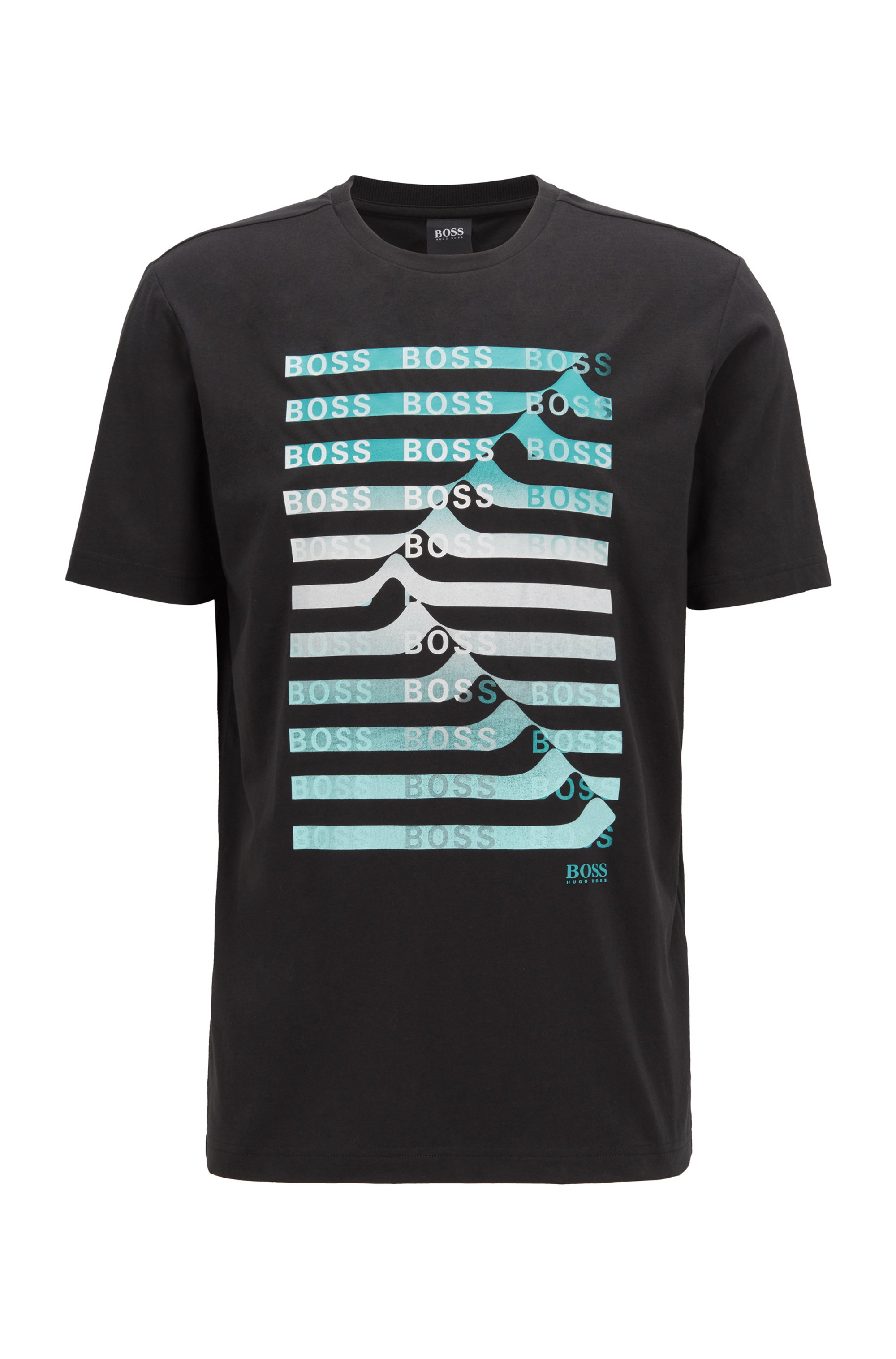 T-shirt en coton mélangé avec logo artistique et rayures, Noir