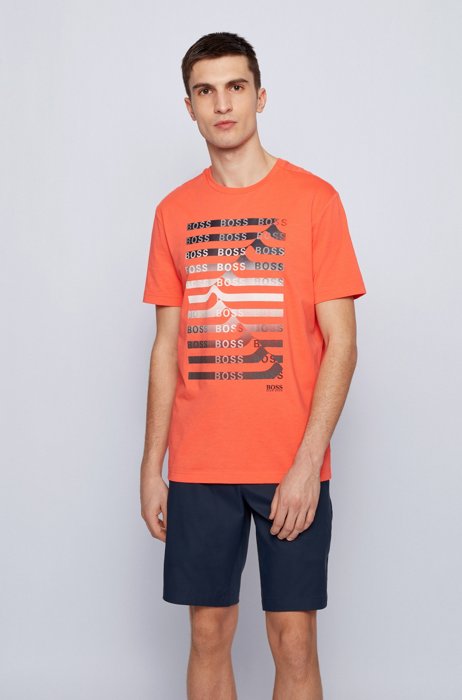 Cotton-blend T-shirt with striped logo artwork, Light Orange