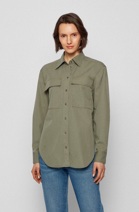 Relaxed-fit blouse in cotton-blend twill, Khaki