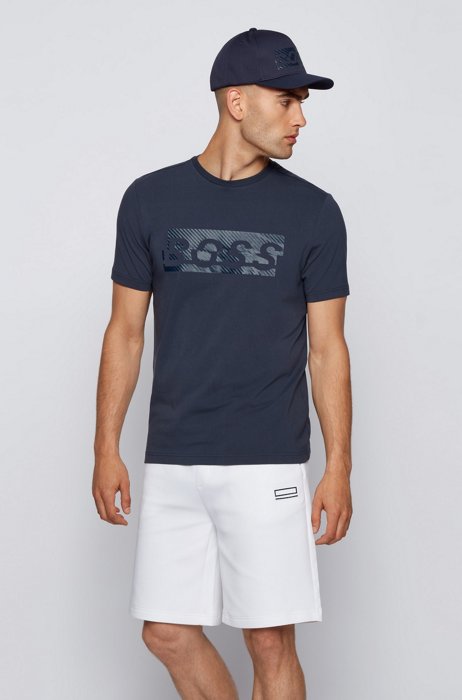 Stretch-cotton T-shirt with new-season logo artwork, Dark Blue