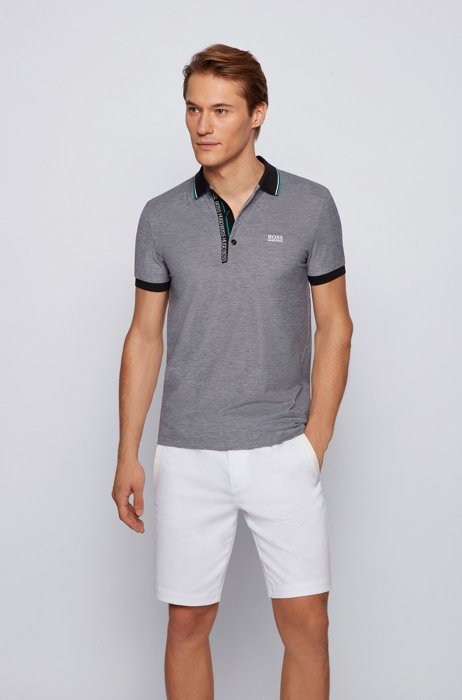 Slim-fit polo shirt in cotton with logo placket, Black