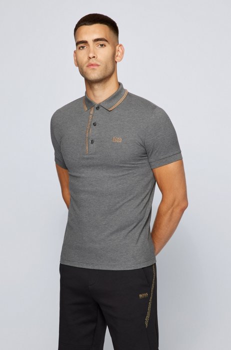 Slim-fit polo shirt in cotton with logo placket, Grey