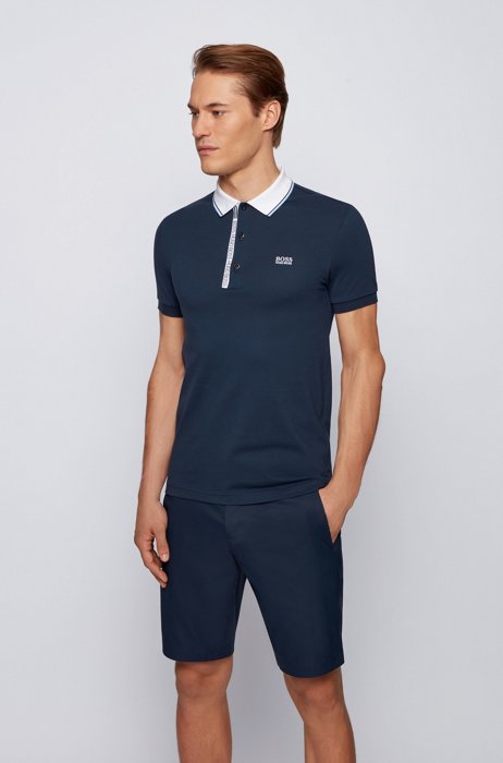 Slim-fit polo shirt in cotton with logo placket, Dark Blue