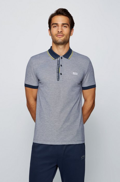 Slim-fit polo shirt in cotton with logo placket, Dark Blue
