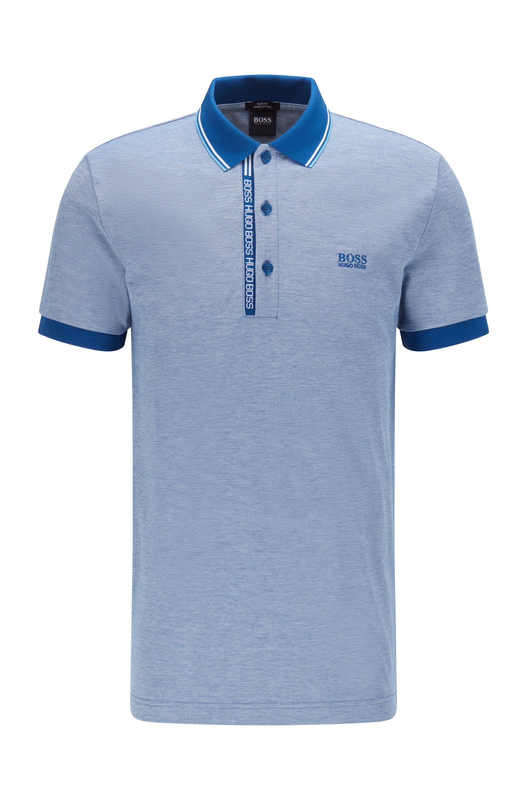 Slim-fit polo shirt in cotton with logo placket, Blue