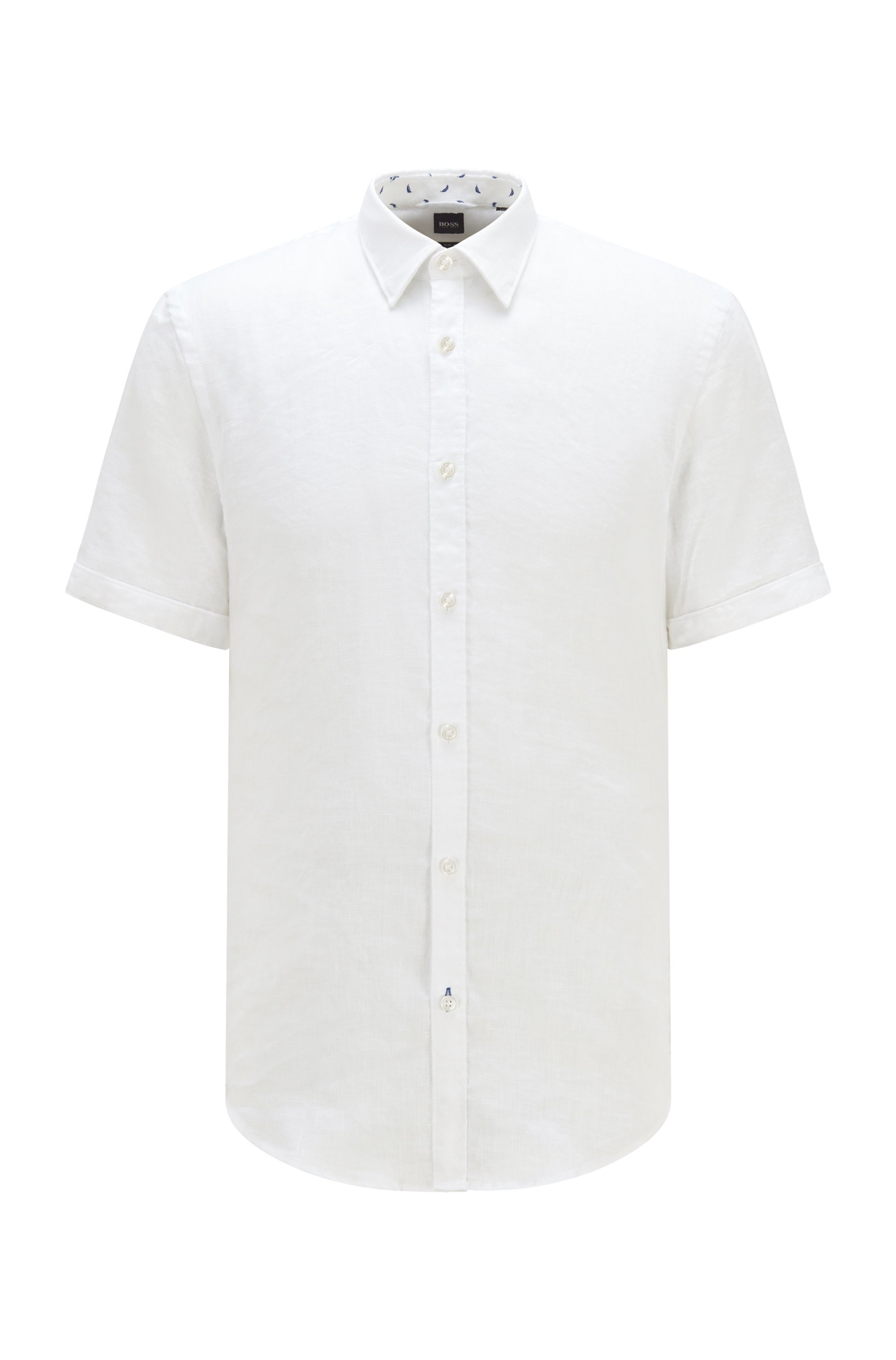 Slim-fit overhemd met korte mouwen van stretchlinnen, Wit