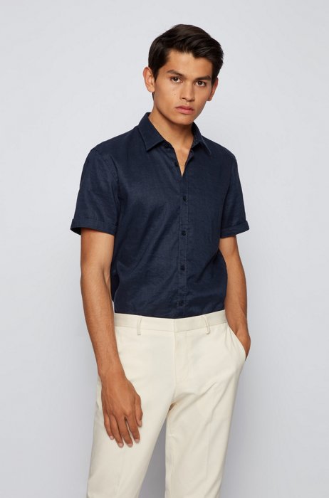 Short-sleeved slim-fit shirt in stretch linen, Dark Blue