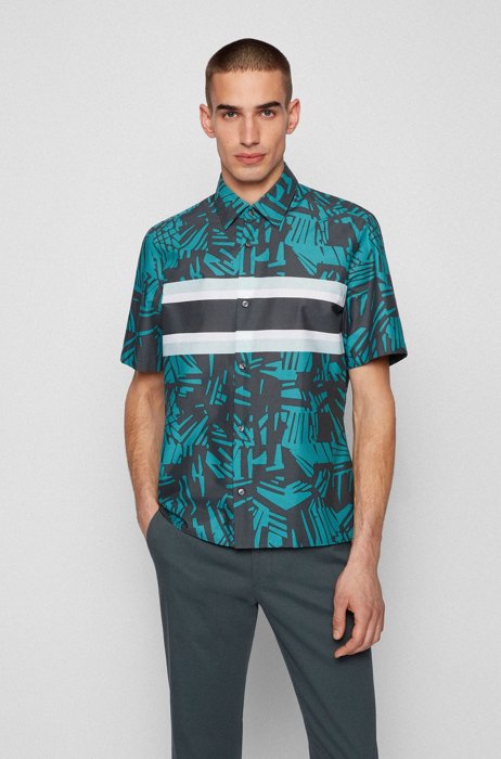 Regular-fit overhemd van Italiaanse katoen met tropische print, Groen met dessin