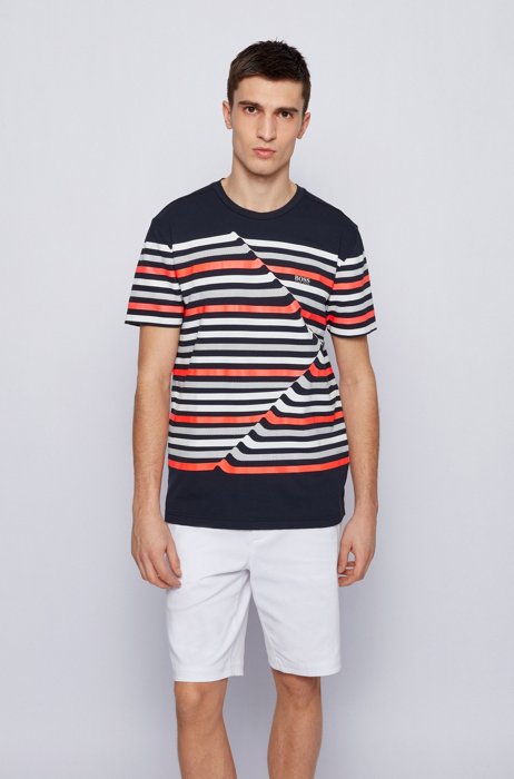 Stretch-cotton crew-neck T-shirt with abstract stripes, Dark Blue