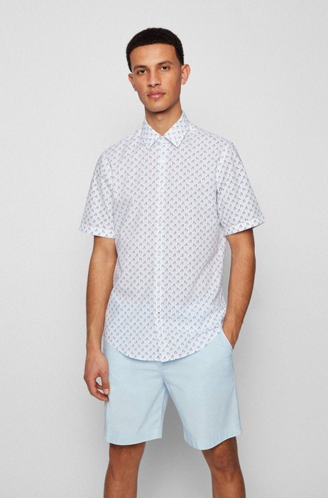 Regular-fit shirt in printed cotton voile, White Patterned