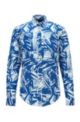 Slim-fit shirt in cotton voile with palm print, Blue Patterned