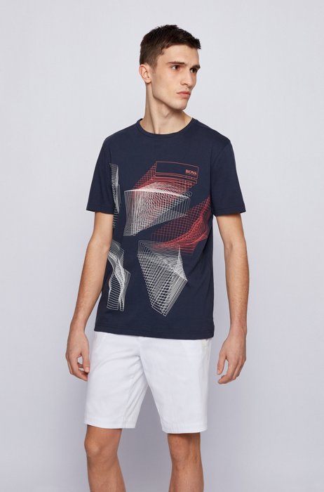 Cotton-jersey T-shirt with abstract graphic print, Dark Blue
