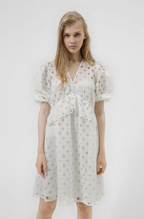 Kleid aus bestickter Spitze in Baumwoll-Haptik mit V-Ausschnitt, Weiß