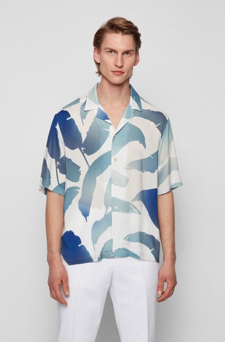Regular-fit shirt in leaf-print modal, Blue Patterned