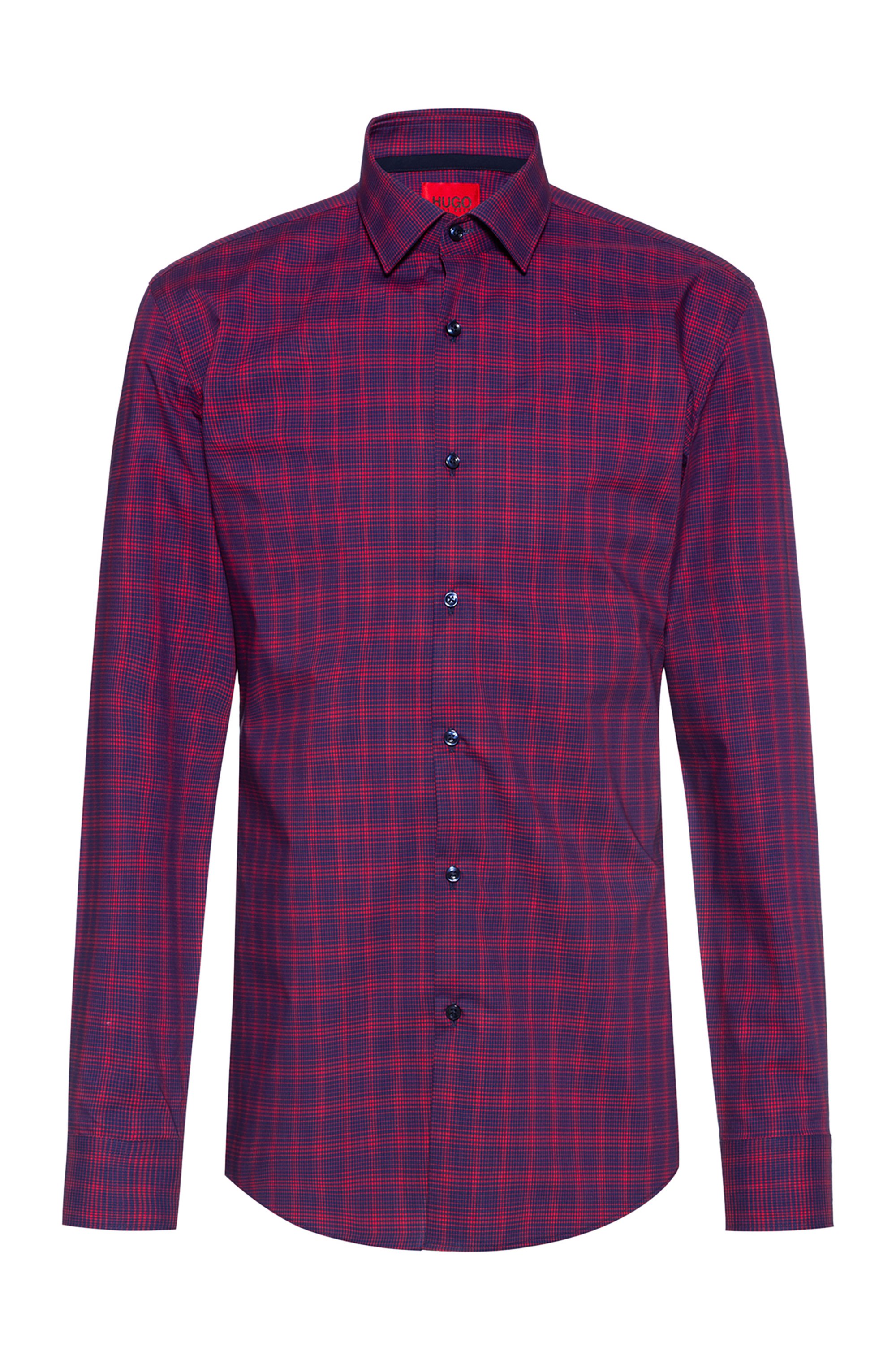 Easy-iron slim-fit shirt in checked cotton poplin, Red Patterned