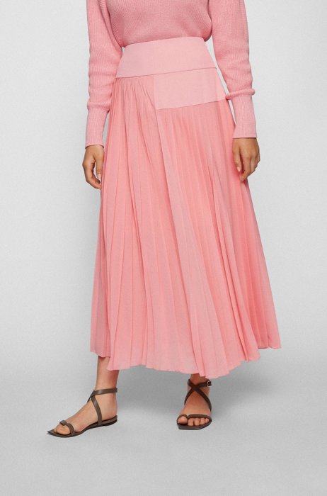 A-line midi skirt with plissé pleats and tonal panels, Pink