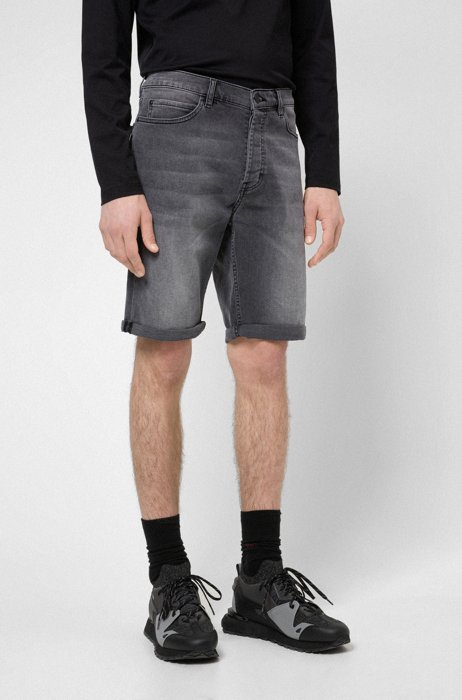 Tapered-fit shorts in grey stretch denim, Dark Grey