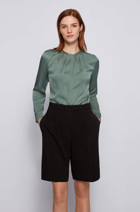 Ruched-neck blouse in stretch-silk crepe de Chine, Turquoise