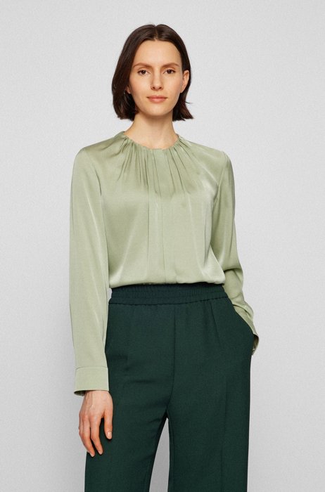 Ruched-neck blouse in stretch-silk crepe de Chine, Light Green