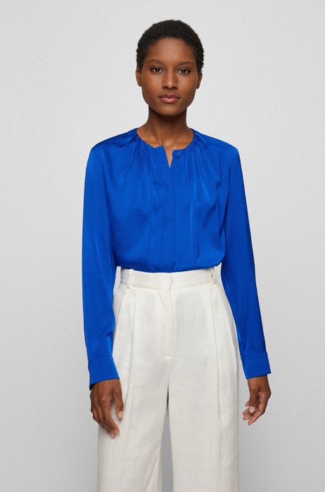 Ruched-neck blouse in stretch-silk crepe de Chine, Blue