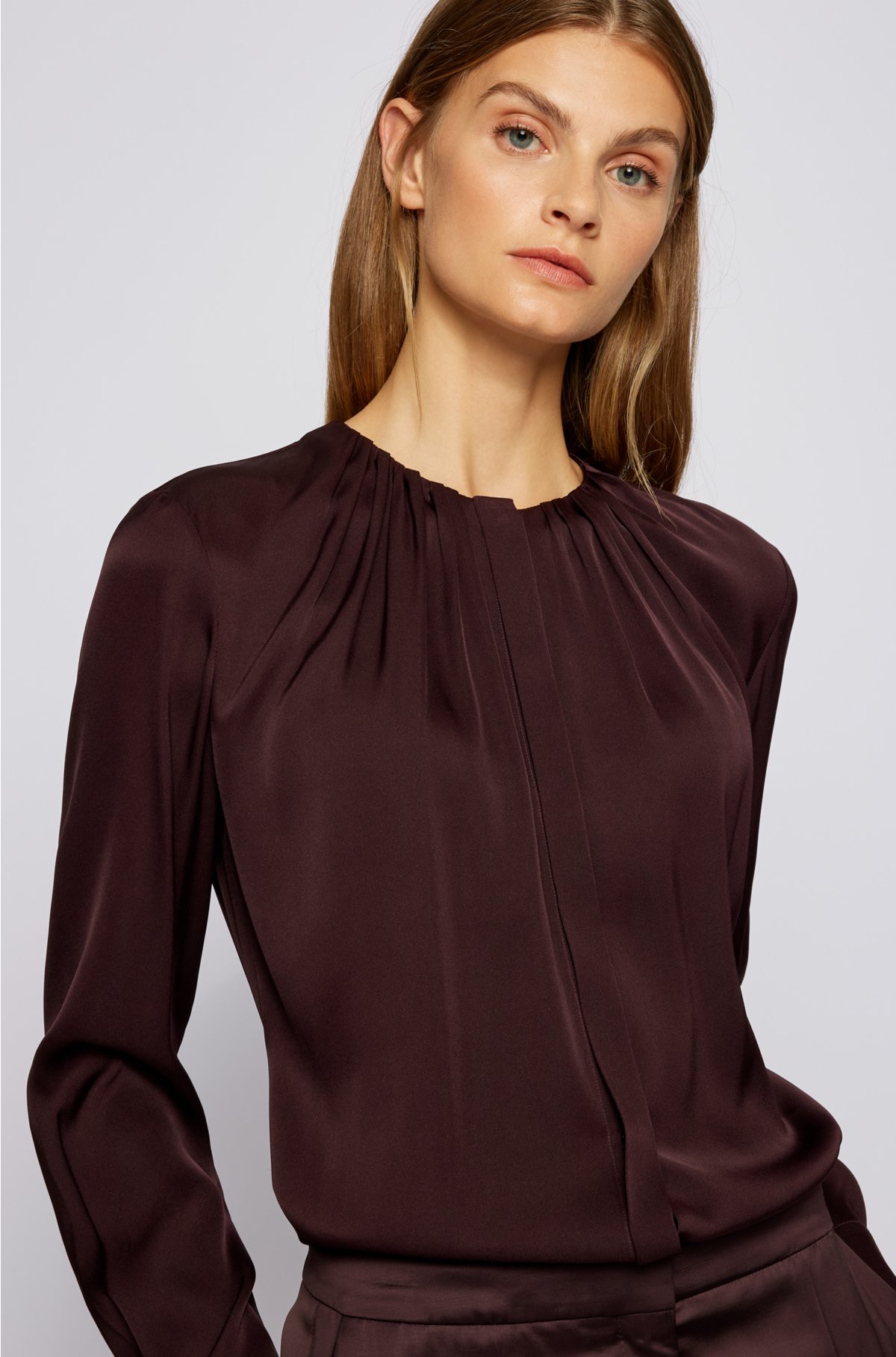 spoel Onzuiver Welvarend BOSS - Ruched-neck blouse in stretch-silk crepe de Chine