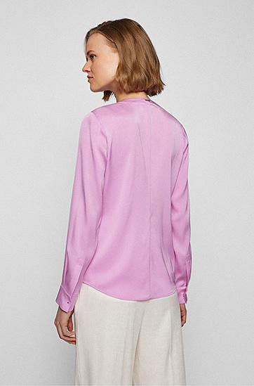 BOSS 博斯褶皱衣领弹力真丝双绉女士衬衫,  691_Open Pink
