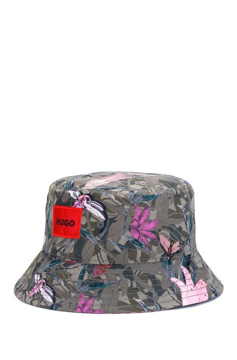 Bucket hat in twill with crane print, Grey Patterned