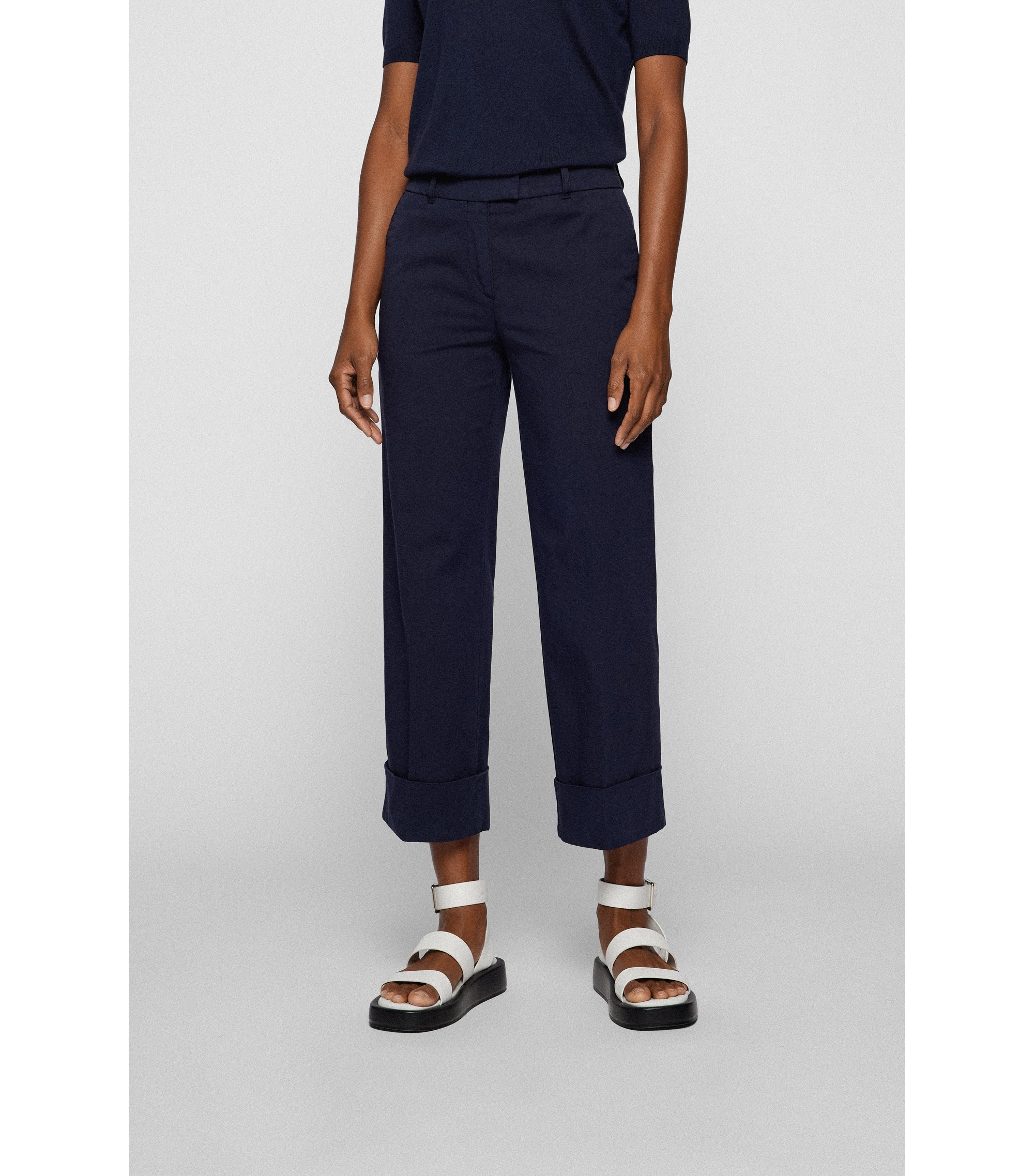 MUST CREPE WIDE LEG CROP TROUSERS Navy Blue Stretch 25" Leg UK 12 40 NEW