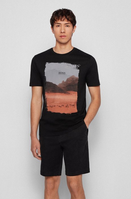 T-shirt a girocollo in cotone Pima con stampa fotografica, Nero