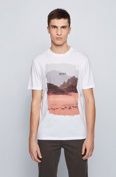 T-shirt a girocollo in cotone Pima con stampa fotografica, Bianco