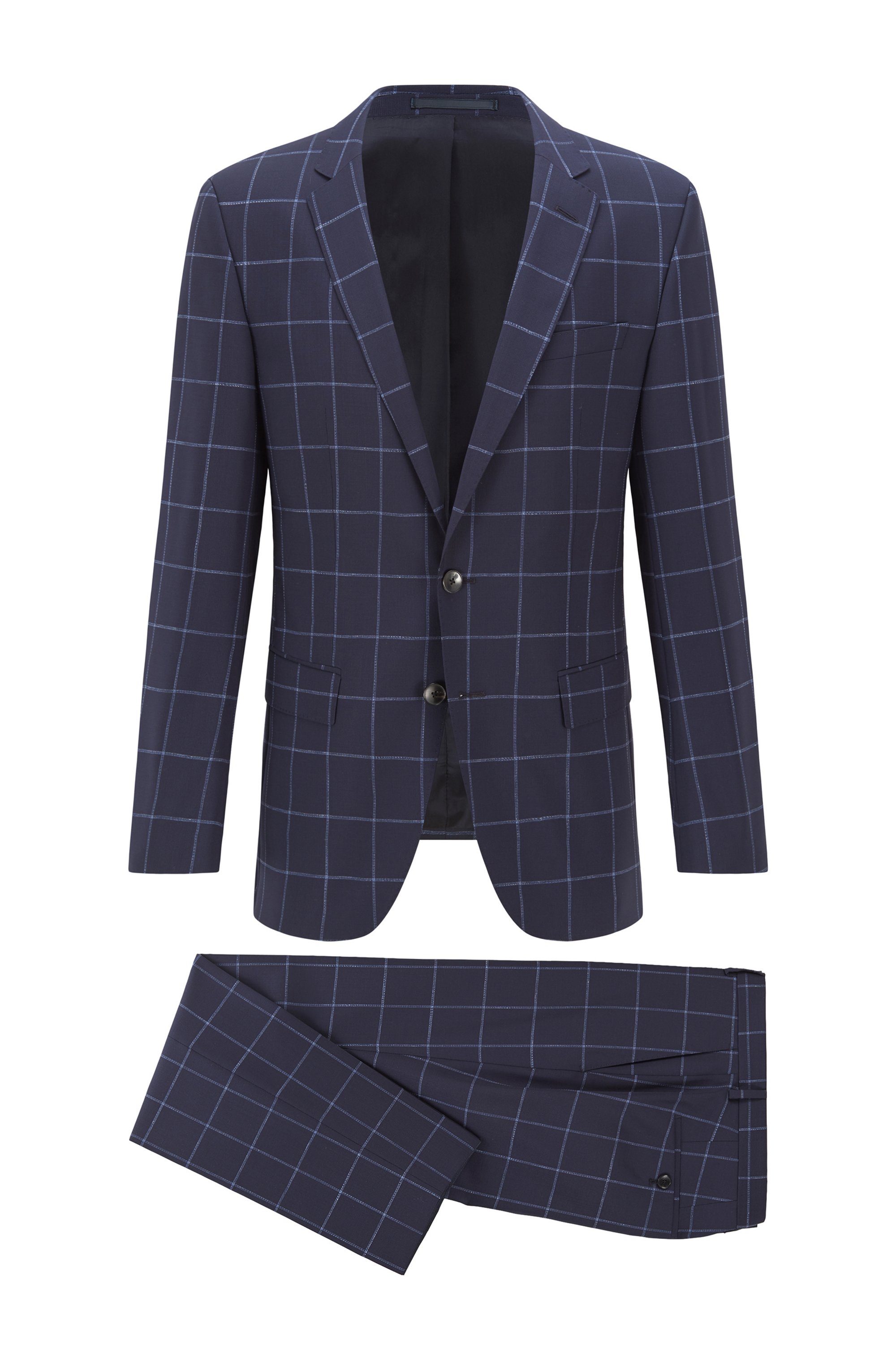 Slim-fit suit in plain-check virgin wool, Dark Blue