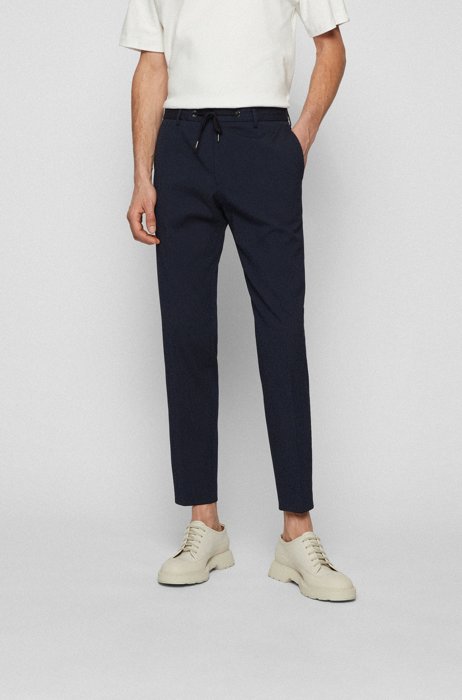 Slim-fit trousers in cotton-blend seersucker, Dark Blue
