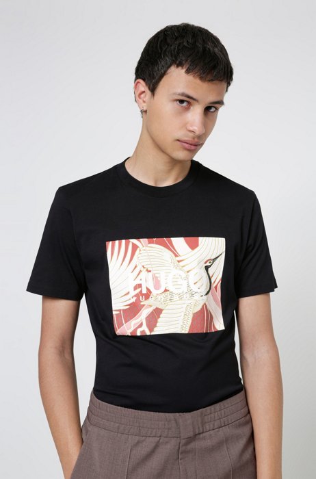 Cotton-jersey T-shirt with Japanese-crane print, Black