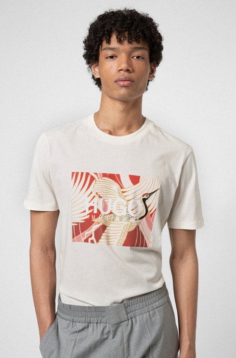 T-shirt in jersey di cotone con stampa con gru di ispirazione giapponese, Bianco