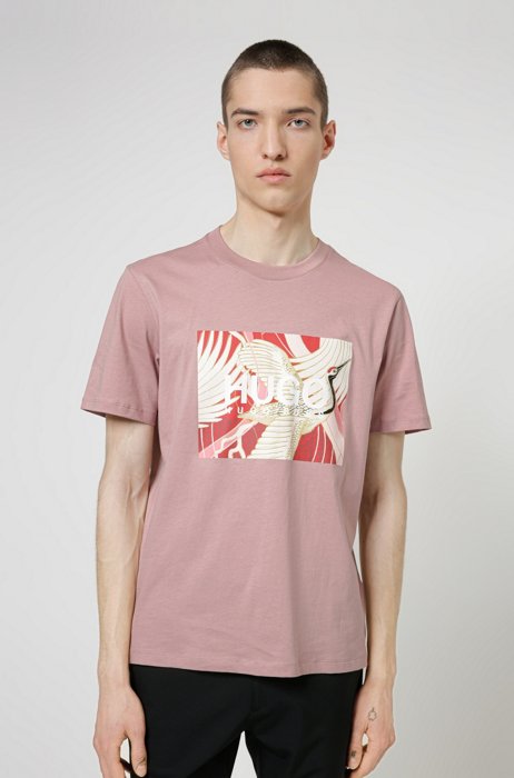 Cotton-jersey T-shirt with Japanese-crane print, Light Brown