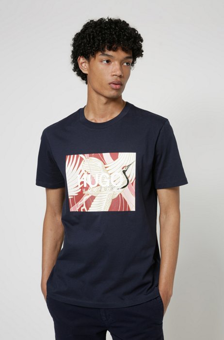 Cotton-jersey T-shirt with Japanese-crane print, Dark Blue