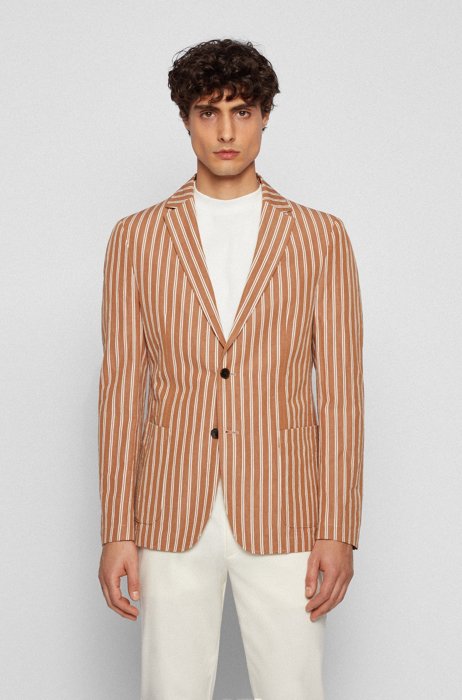 Striped slim-fit jacket in cotton and linen, Beige