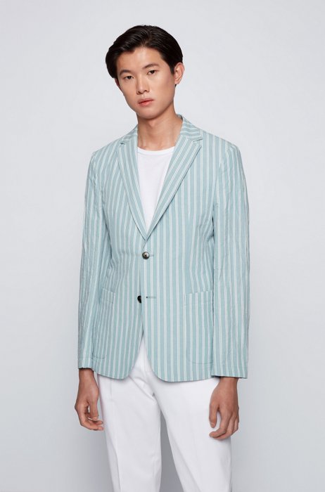 Striped slim-fit jacket in cotton and linen, Light Blue