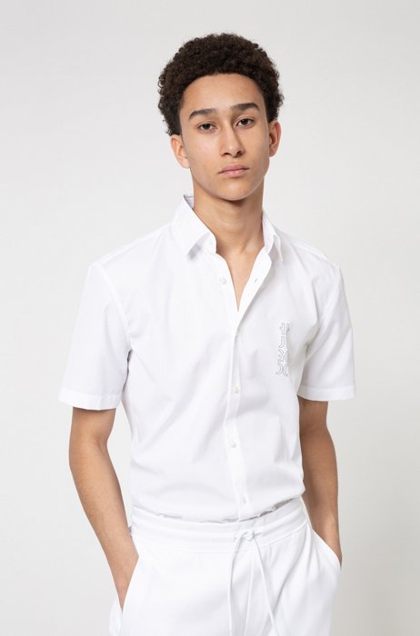 Cotton-poplin slim-fit shirt with mirrored logo, White
