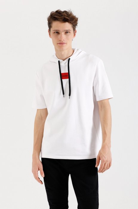 Short-sleeved hoodie in French terry with logo patch, White